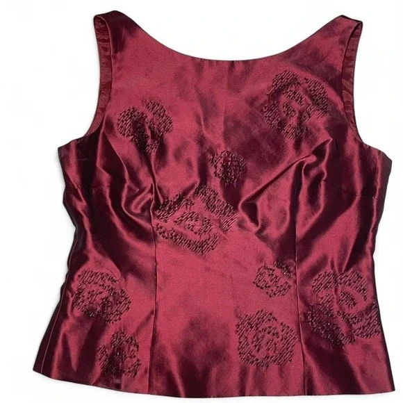 burgundy 100% silk top with beaded floral design - Picture 1 of 6